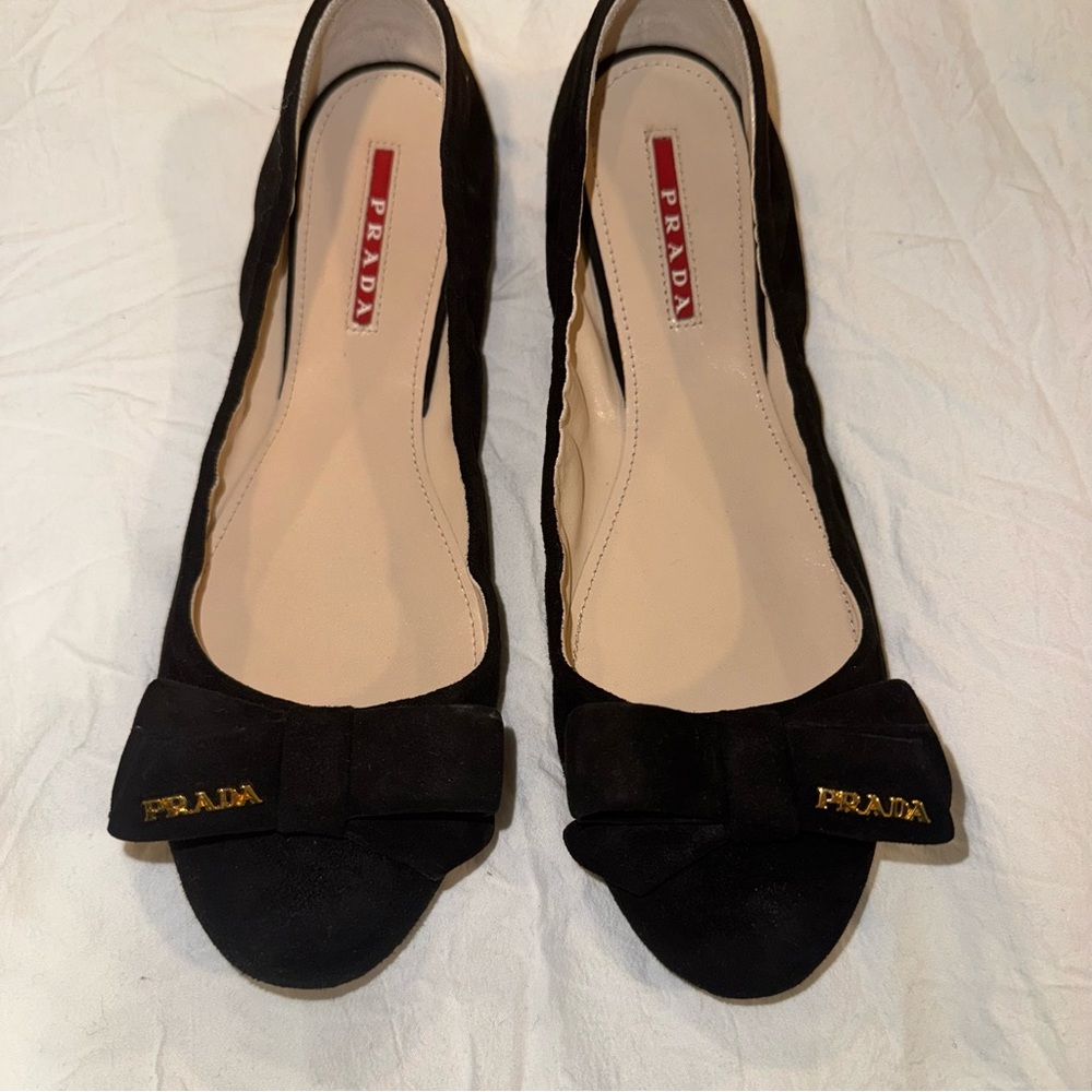 NIB Authentic Prada Black Suede Bow Ballerina Flats | Size EU 38.5